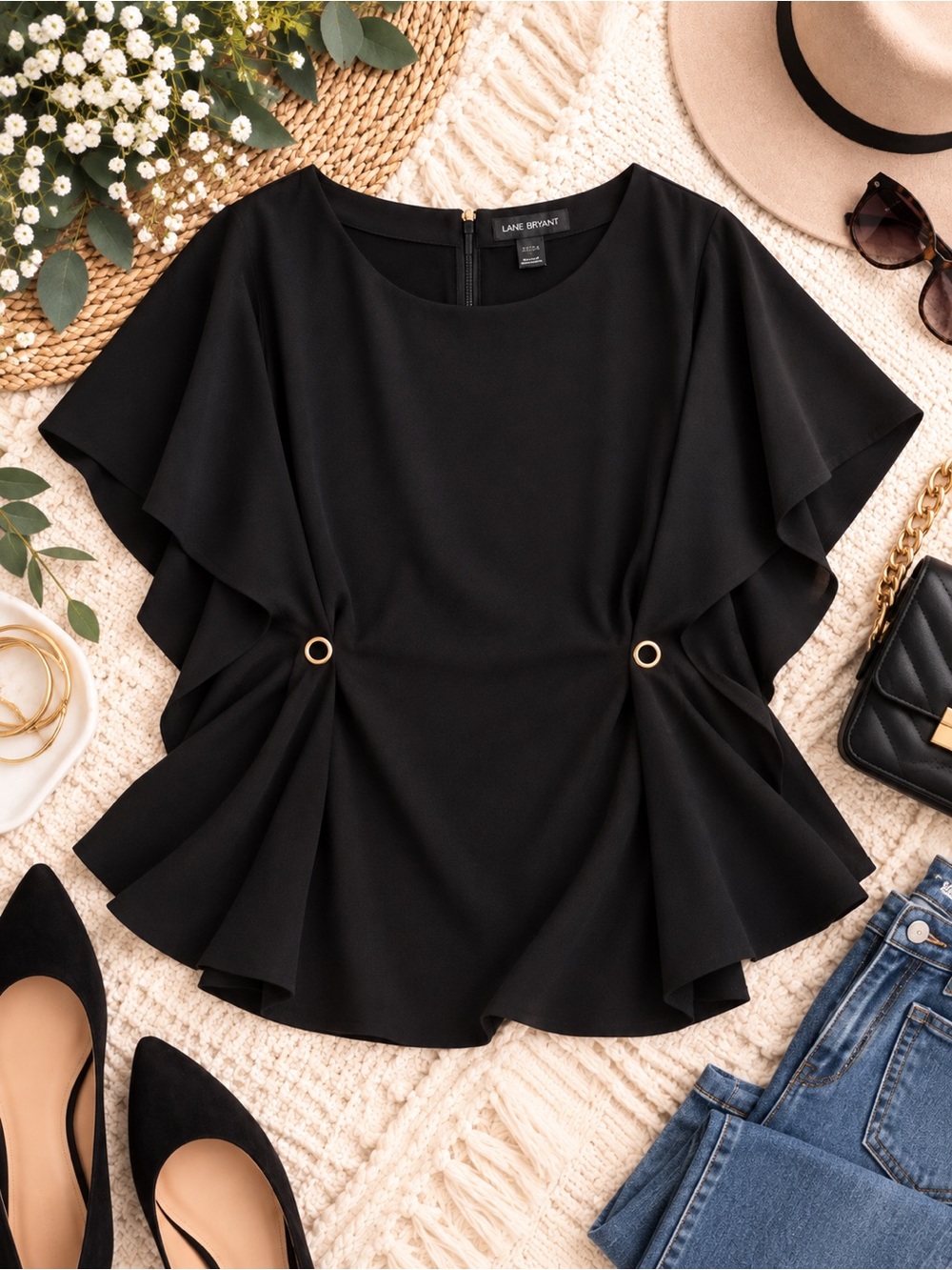 Lane Bryant Black Draped Cape Sleeve Grommet Blouse Plus Size 22 / 24